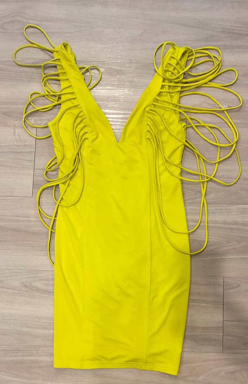 Fashion Nova Neon Yellow Fringe Trim V-Neck Bodycon Mini Dress XS